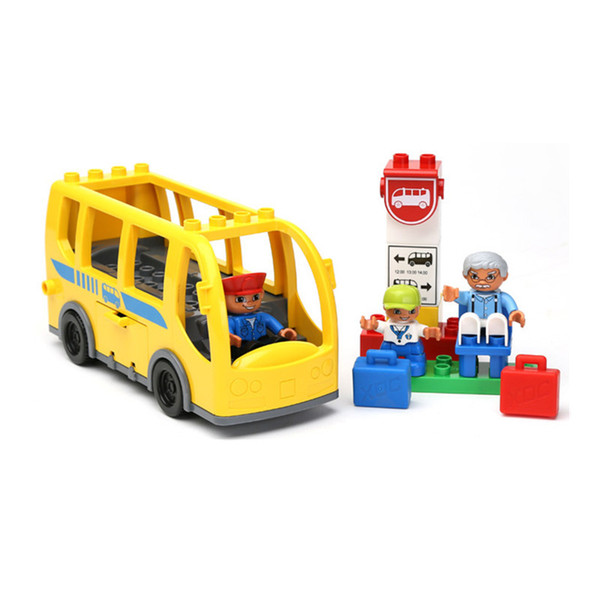 16PCS Big Building Blocks Set Yellow City Bus Station Driver Grandpa Little Brother Baby Educational Toys Compatible with Duploe