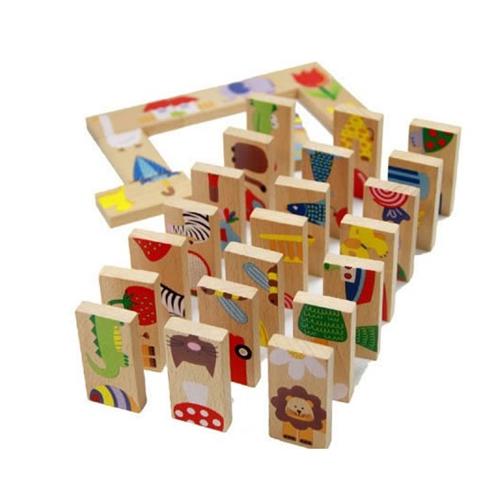 28pcs/Set Montessori Baby Kids Animals Domino Building Blocks Cartoon Wooden Blocks Intelligence Toy for Children math toys