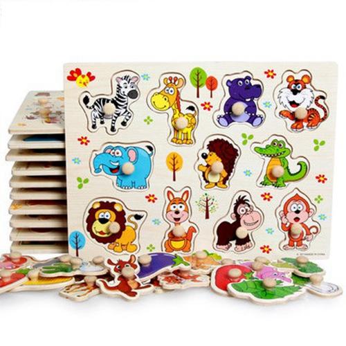 Zoo animals wooden puzzles for children 2-4 years old 3d puzzle jigsaw board educational toys for kids learning games fun letter