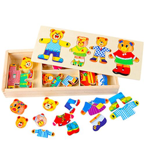 3D Bear changing clothes game dressing board children wooden early childhood educational toys DIY wooden puzzle Blocks