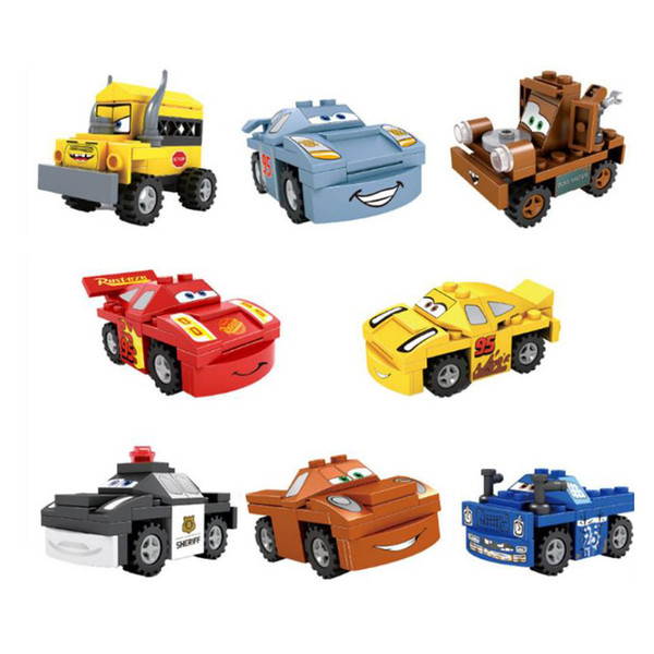 Cartoon cars building blocks lightning mater model car puzzle kids small particle plastic assembly building blocks 8pcs/lot