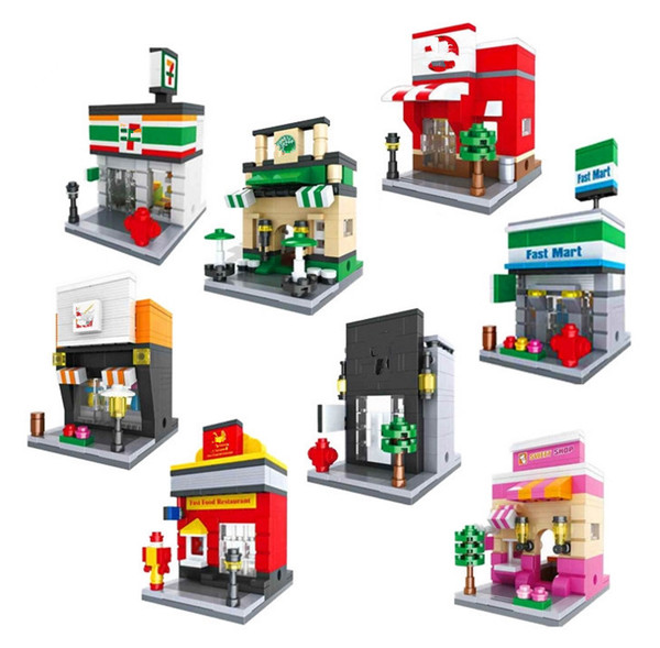 Mini Street Stores Mcdonald's KFC 7-Eleven Starbucks Family Mart Sport Sweet Shop UNIQLO Pizza Hut cola Circle Building Blocks