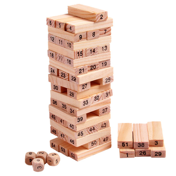 Wholesale-Wooden Tower Wood Building Blocks Toy Domino 54pcs Stacker Extract Building Educational Jenga Game Gift 4pcs Dice