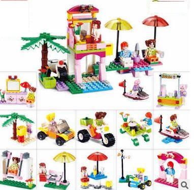 Girl's seaside holiday gift Puzzle pieces of street view plastic building blocks.