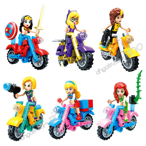 Building Blocks Sets Kids Toys Girl Gifts Wonder Woman Supergirl Batgirl Poison Ivy She-Hulk Motorcycle Girls 6pcs Super Hero Action Figures