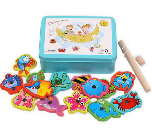 Iron Box Magnetism 15 Fishing Wood Building Block Toys Parent-Child Interactive Early Education Instruments for Intellectual Children
