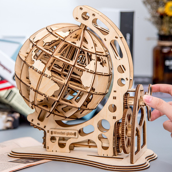 Wooden Globe Puzzle 3D DIY Mechanical Drive Model Transmission Gear Rotate Assembling Puzzles Home Office Decoration Toys T191116