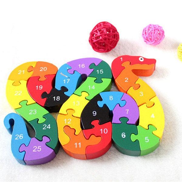 Baby Kids Children Wooden Toys Alphabet Number Building Jigsaw Puzzle Snake Shape Funny Digital Puzlzle Game c