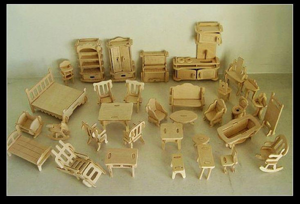 Wholesale-Free Shipping DIY 1:16 Mini Furniture 34pcs/set ,Kids Educational Dollhouse Furniture Set,3D Woodcraft Puzzle Model,brinquedos