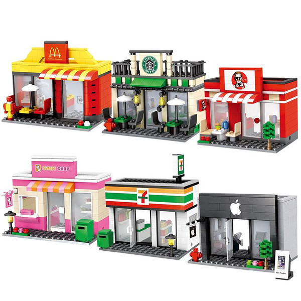 Toy City Mini Street Cafe Food Retail Convenience Store Architecture Building Blocks Sets Toys For Children