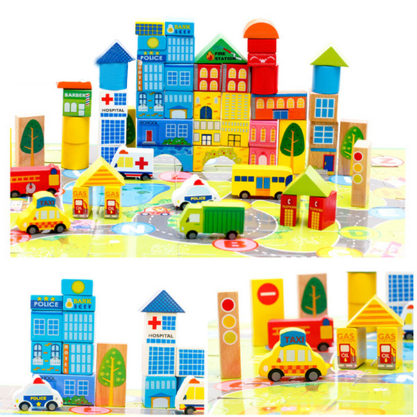 New 62pcs Safety color cartoon images city traffic scene wooden building blocks toy Children's birthday and Christmas gift with box