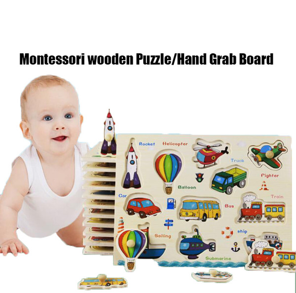 Baby Toys Montessori wooden Puzzle/Hand Grab Board Set Educational Wooden Toy Cartoon Vehicle/ Marine Animal Puzzle Child Gift