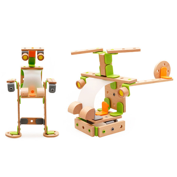 DIY Creative Wooden Building Blocks Toy Assemble Helicopter Robot Animals Plane Bikes Kids Puzzle Montessori Imagination and hands-on abilit