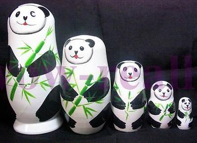 BEAUTIFUL HANDMADE SET 5PCS PANDA RUSSIAN STACKING NESTING DOLLS