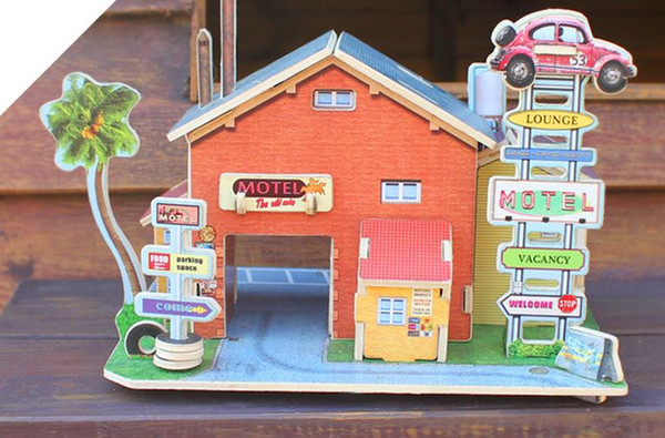 If the wooden jigsaw puzzle for children the world style building model of toys for children put together the DIY cabin step-by-wood