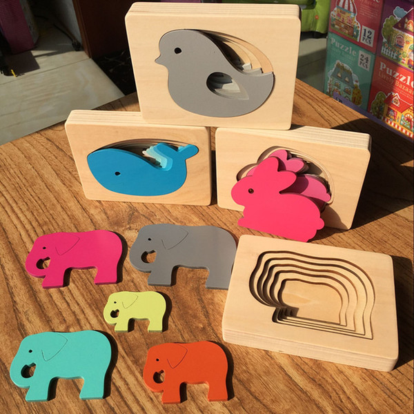 4Sets 2018 New Children Toys Animal Carton 3D Puzzle Multilayer Jigsaw Puzzle Baby Wooden Toys Child Early Educational Aids Gift