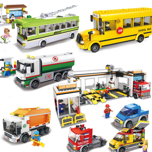 Hsanhe compatible legoing city vehicle school bus station car wash oil tank truck sets model building blocks bricks kids toys