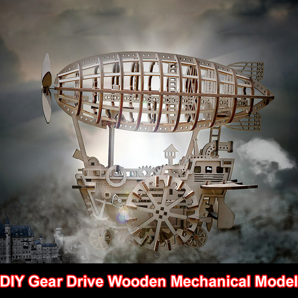 Free shipping 3D Puzzle DIY Gear Drive Wooden Mechanical Model Airship Engineering Toy Mechanical Gears set Building Kits Assembly Toy Gift