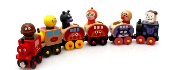 Wooden Train Buliding Blocks Carts Toy Baby Magnetic with Removable Cartoon Driver for Toddler Boys and Girls Set of 6 PCS