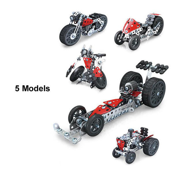 Free shipping 203pcs 3D puzzle metal assembled DIY model toy set 5 in 1 three wheeled motorcycle robot racing car Farmer car gifts