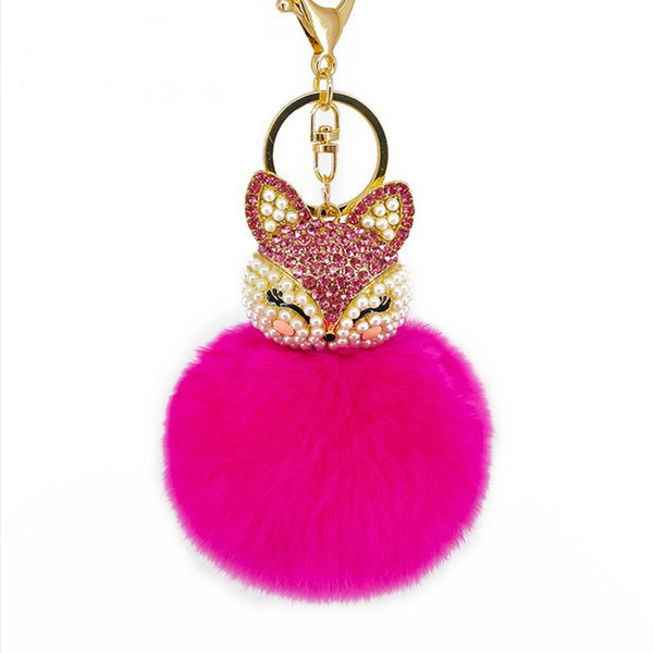 Cute Key chain Fox Rhinestone Fur Pompom Car Keychain Fox Fur Ball Cherry Red Key Chain Women Girl Gifts Fluffy DIY Key Women Pendant