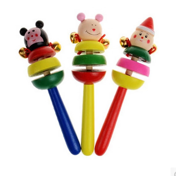 Beautiful cartoon animals Handle Wooden Activity Bell Stick Shaker Rattle Baby Toy Multiple wholesales