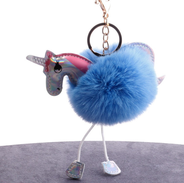 Unicorn pom keychain Artificial pompoms fur ball pompon key chain women bag car keyring porte clef holder fluffy