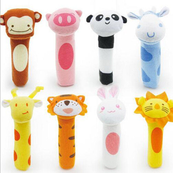 8Pcs/Set 8 style BIBI Rattles Lovely Animal Hand Grasp Stick Plush Finger Puppets Babies Toy