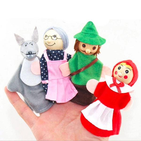 4pcs/Lot Kids Finger Puppets Doll Plush Toys Cute Little Red Riding Hood Wooden Headed Fairy Tale Story Telling Hand Puppets