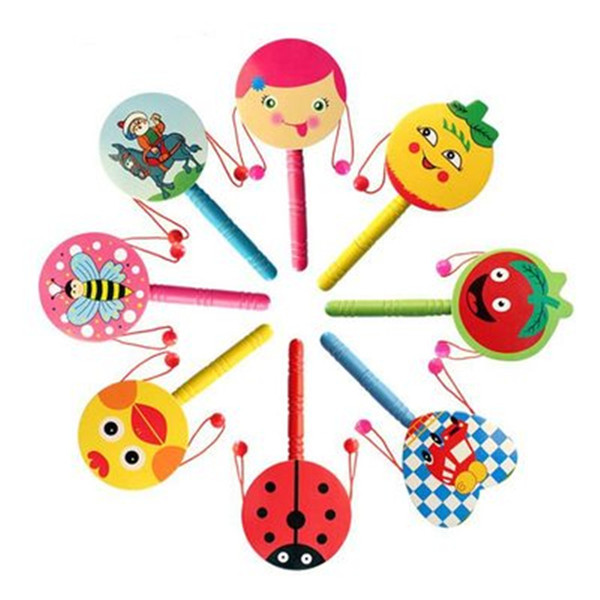 Cartoon Drum-shaped Wooden Rattle Traditional Handbell Jingle Rattle Toy Musical Instrument For Baby Kid Randomly Colors Intellectual Toys