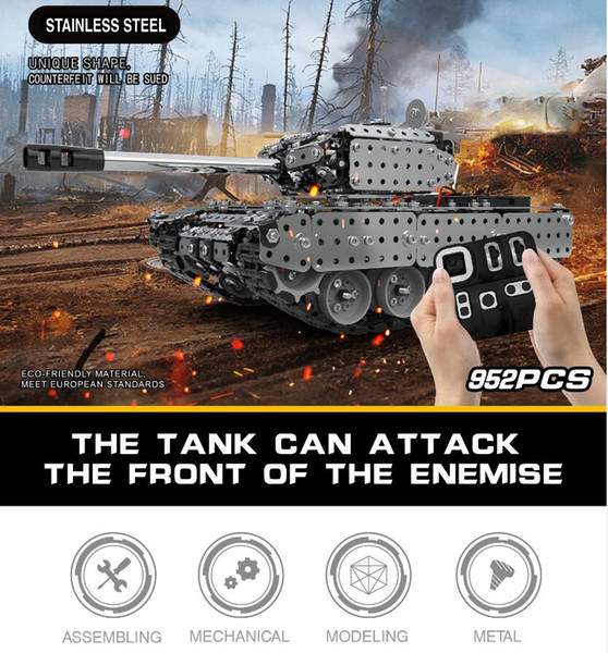 952pcs DIY Stainless Steel Remote Control Tank 10 Channels RC Military Tracked Vehicle Best Gift for Kids