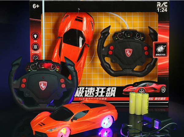 Get explosion models children's toys Four children lit wheel lights steering wheel remote control car gifts The battery charger