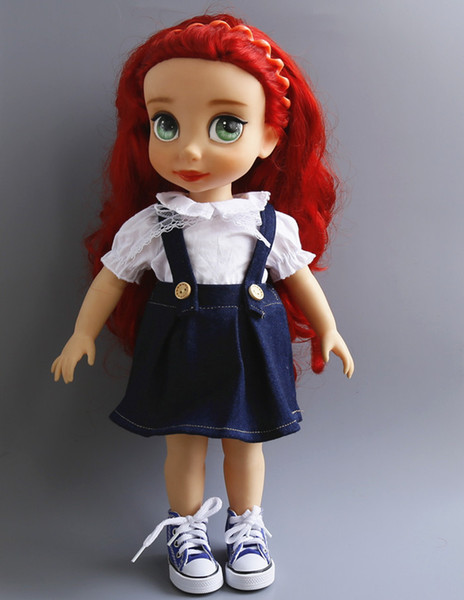 2016 New Hot Doll Accessories 40cm American girl Salon Doll Strap denim skirt white shirt to give the girl a gift