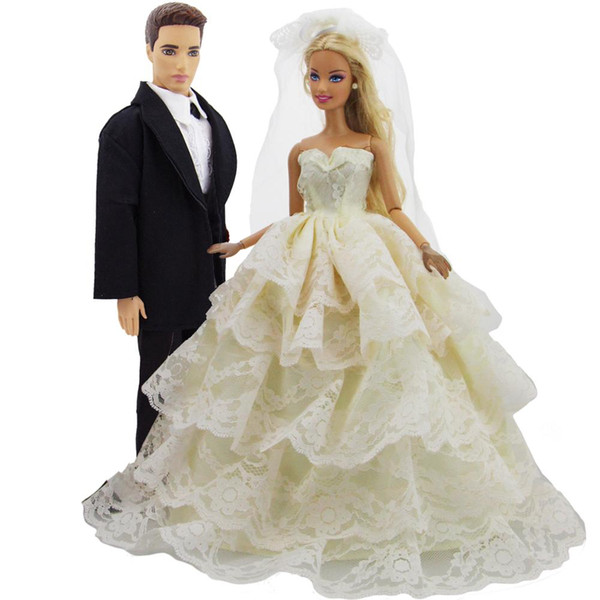 2 Set Handmade Outfits Black Suit + Wedding Dress Layered Ball Gown + Lace Veil Princess Accessories Clothes for Barbie Ken Doll