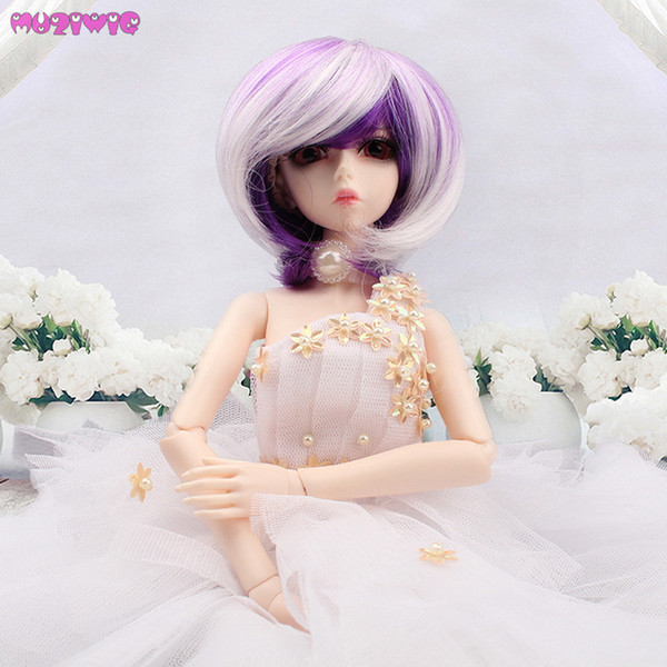 MUZIWIG Short White Purple Blended Straight Hair Wigs for 1/3 1/4 1/6 1/8 BJD Dolls