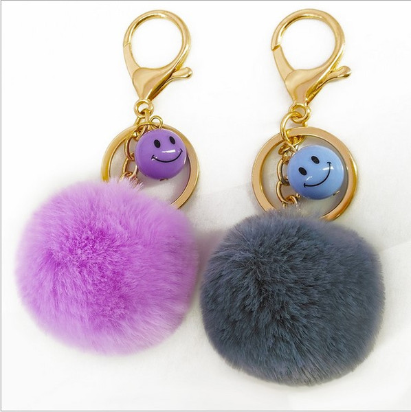 Rabbit Fur Ball Keychain Soft Fur Ball Lovely Gold Metal Key Chains Ball Pom Poms Plush Keychain Smiley Face Car Keyring Bag Accessories