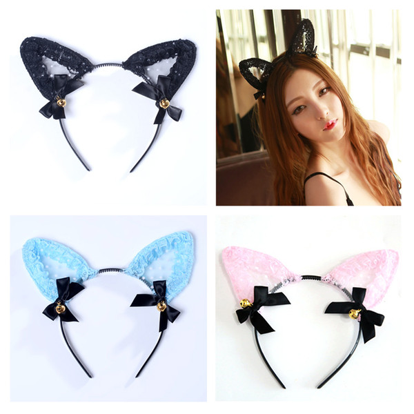 Sexy Lace Cat Ear Hairband Headband Easter Halloween Masquerade Party Cosplay Costume Accessory 4 colors with Ribbon Bow and Bells