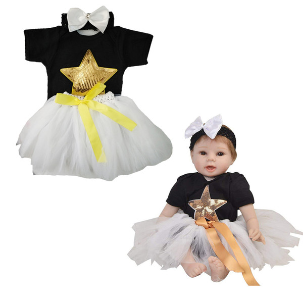 22-23inch Reborn Doll Baby Girl Clothes Bling Bling Star Printed Rompers Gauzy Skirt Bowknot Headband Accessories