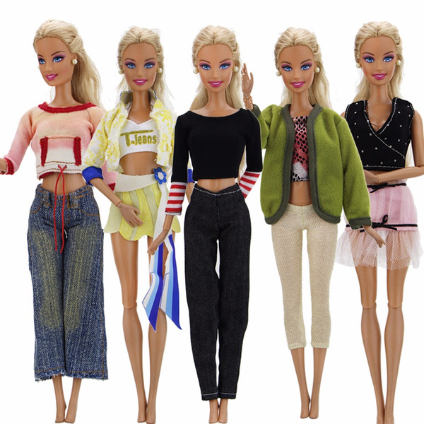 Randomly Pick 5 Sets Fashion Lady Outfits Casual Party Wear Blouse Pants Dress Clothes For Doll Accessories Dollhouse Toy