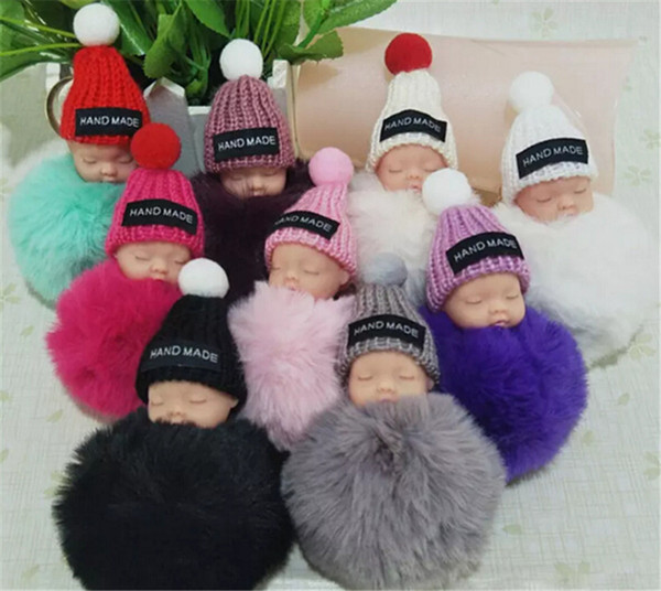 Cute Sleeping Baby Doll Keychain Pompom Rabbit Fur Ball Key Chain Car Keyring Women Key Holder Bag Pendant Charm Accessories