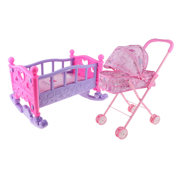 Cute Baby Doll Plastic Rocking Bed and Stroller Bedroom Furniture Accessories Toys