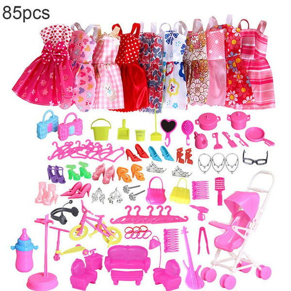 85 Item/Set Doll Accessories=10 Mix Fashion Cute Dress+75 Pcs Handbag Shoes Crown Neckless Earring Bracelet For Doll