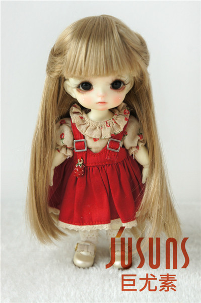 Jusuns 5-6inch Long Straight Doll Wig with Full Bangs 1/8 Synthetic Mohair BJD Doll Wig Brown Doll Hair JD088