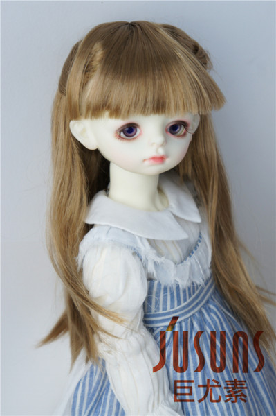 Jusuns 8-9inch Long Straight Doll Wig with Full Bangs 1/3 Synthetic Mohair BJD Doll Wig Brown and Blond Doll Hair JD088