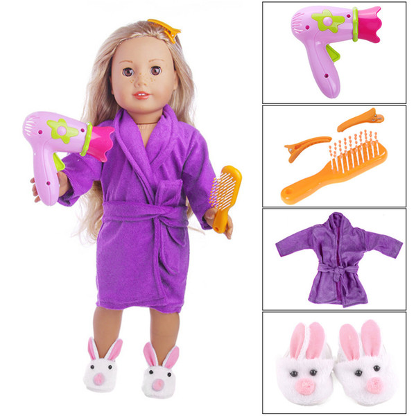 New Hair Dryer Comb Hairpin Bathrobe Slippers for All 18 inch American Girl Doll Bath Supplies Accessories Wholesale