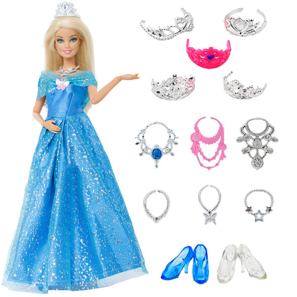 14 pcs/Lot Gift Set = 1x Princess Cinderella Dress + 13x Accessories Crown Necklace Shoes Dancing Party Clothes For Barbie Doll