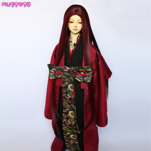 MUZIWIG Synthetic Fiber Dark Wine-red Color Straight Hair Wig for 1/3 BJD Dolls