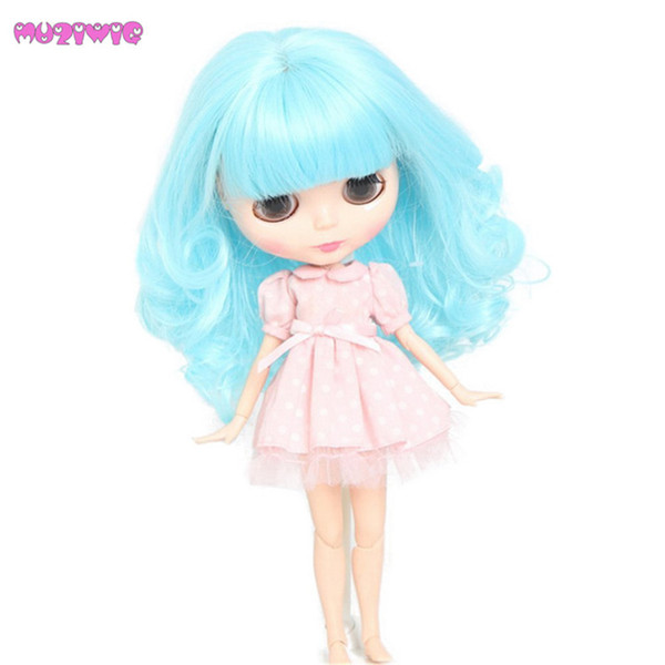 MUZIWIG Aqua Blue High Temperature Fiber Curly Wigs with Bangs for Dolls