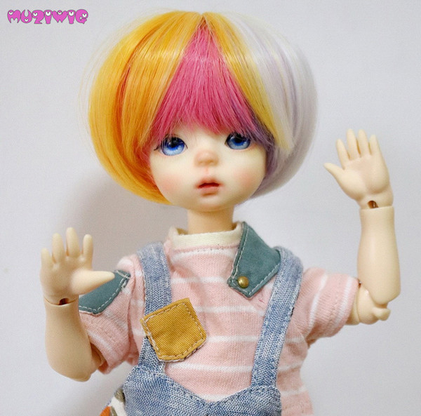 MUZIWIG Yellow Pink White Mixed Color Hair Wig for 1/3 1/4 1/6 BJD Dolls