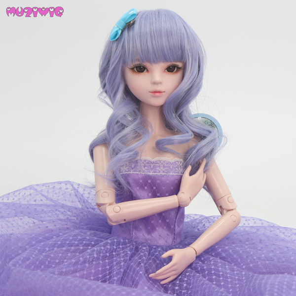 MUZIWIG High Temerature Fiber Purple Curly Hair Wigs with Bangs for 1/3 1/4 1/6 BJD SD